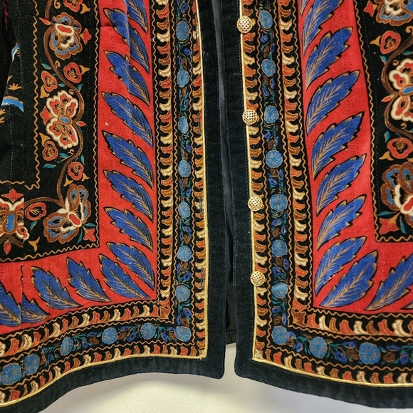 Vintage 80s Saxton Hall rose botanical peacock print Velvet Jacket - Picture 5 of 13